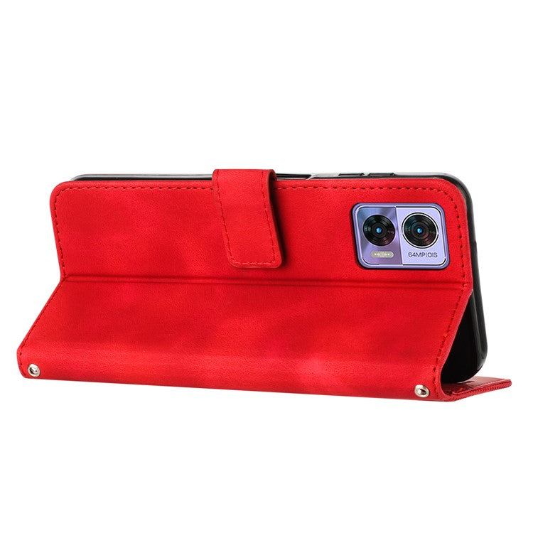 For Motorola Edge 30 Neo 5G Triangle Imprinted Cover Leather Cell Phone Wallet Stand Fall Proof Case with Strap - Red