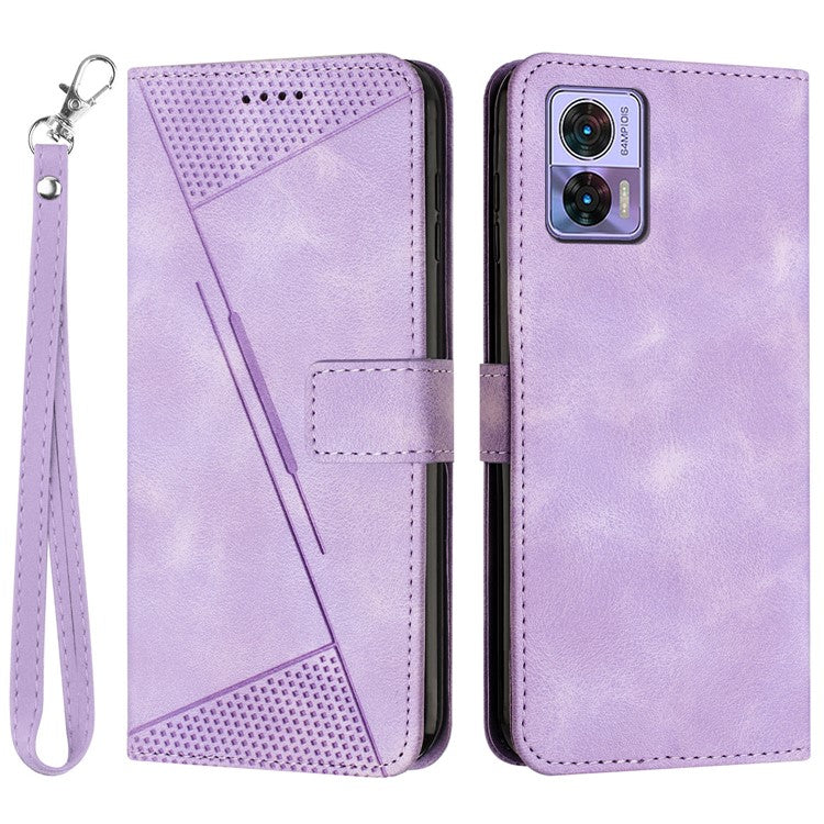 For Motorola Edge 30 Neo 5G Triangle Imprinted Cover Leather Cell Phone Wallet Stand Fall Proof Case with Strap - Purple