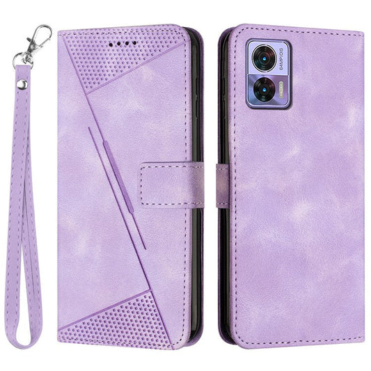 For Motorola Edge 30 Neo 5G Triangle Imprinted Cover Leather Cell Phone Wallet Stand Fall Proof Case with Strap - Purple