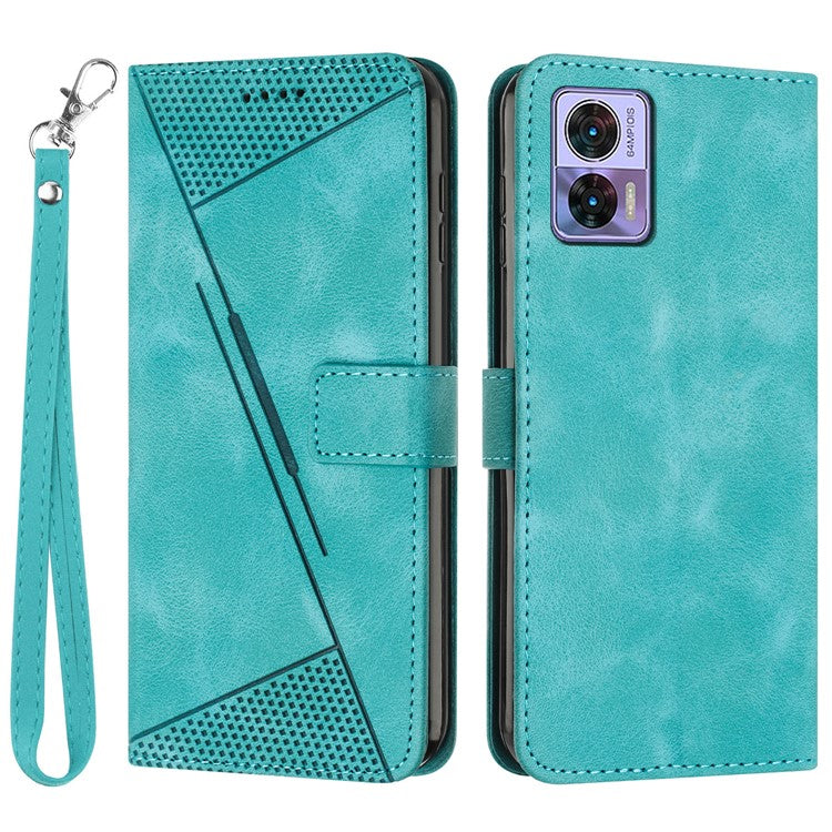 For Motorola Edge 30 Neo 5G Triangle Imprinted Cover Leather Cell Phone Wallet Stand Fall Proof Case with Strap - Green