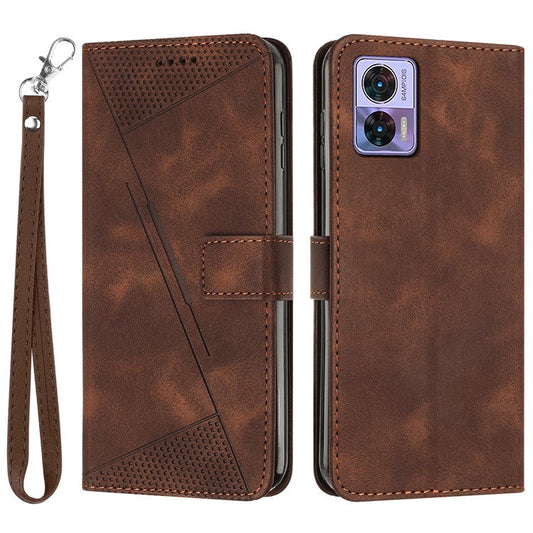 For Motorola Edge 30 Neo 5G Triangle Imprinted Cover Leather Cell Phone Wallet Stand Fall Proof Case with Strap - Brown