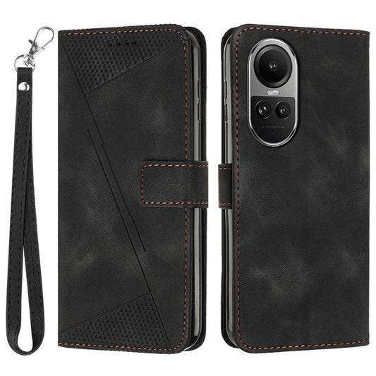 PU Leather+TPU Phone Cover for Oppo Reno10 5G (Global) / Reno10 Pro 5G (Global) , Triangle Imprinted Stand Wallet Case with Strap - Black