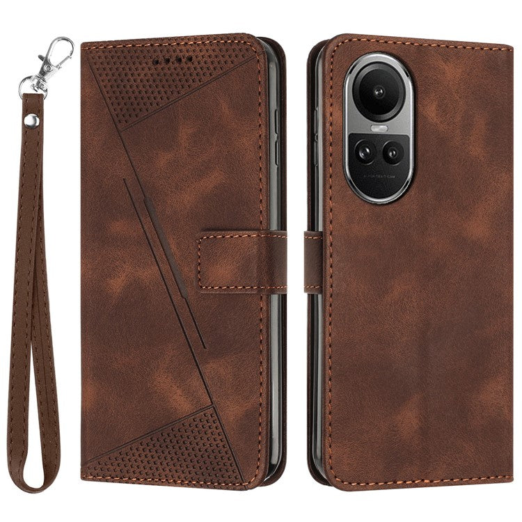 PU Leather+TPU Phone Cover for Oppo Reno10 5G (Global) / Reno10 Pro 5G (Global) , Triangle Imprinted Stand Wallet Case with Strap - Brown