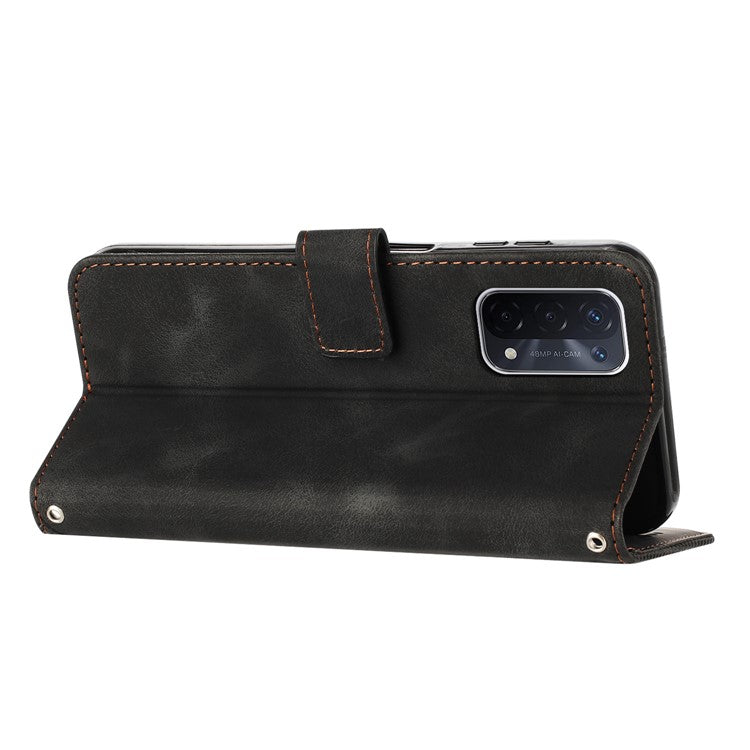 For Oppo A74 5G / A93 5G / A54 5G Folding Stand Wallet Mobile Case Triangle Imprint Leather Cover with Strap - Black