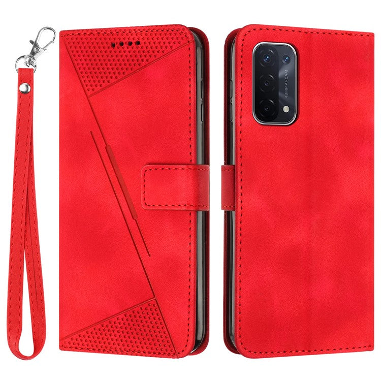 For Oppo A74 5G / A93 5G / A54 5G Folding Stand Wallet Mobile Case Triangle Imprint Leather Cover with Strap - Red