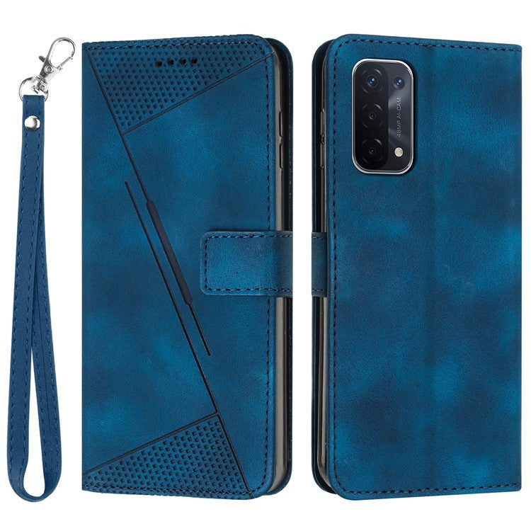 For Oppo A74 5G / A93 5G / A54 5G Folding Stand Wallet Mobile Case Triangle Imprint Leather Cover with Strap - Sapphire
