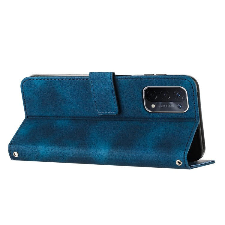 For Oppo A74 5G / A93 5G / A54 5G Folding Stand Wallet Mobile Case Triangle Imprint Leather Cover with Strap - Sapphire
