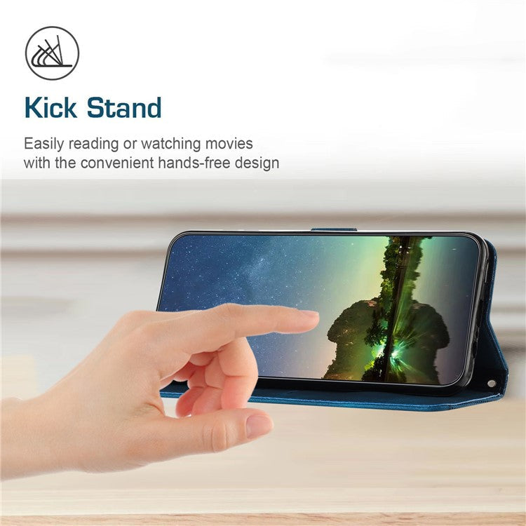 For Oppo A74 5G / A93 5G / A54 5G Folding Stand Wallet Mobile Case Triangle Imprint Leather Cover with Strap - Sapphire