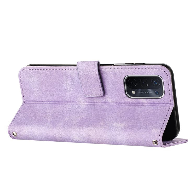 For Oppo A74 5G / A93 5G / A54 5G Folding Stand Wallet Mobile Case Triangle Imprint Leather Cover with Strap - Purple