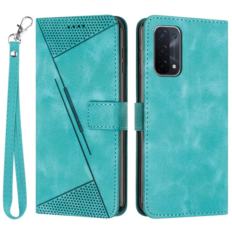 For Oppo A74 5G / A93 5G / A54 5G Folding Stand Wallet Mobile Case Triangle Imprint Leather Cover with Strap - Green