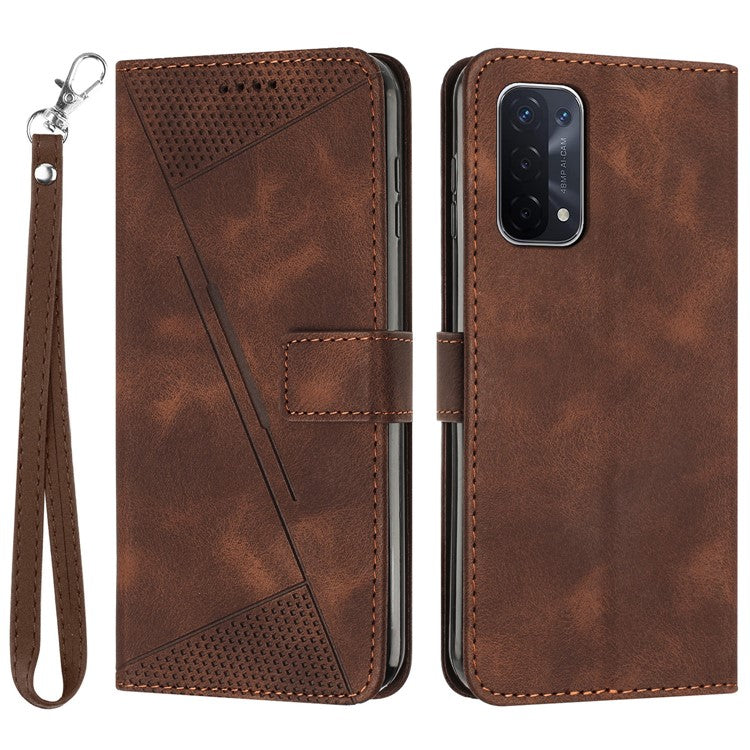 For Oppo A74 5G / A93 5G / A54 5G Folding Stand Wallet Mobile Case Triangle Imprint Leather Cover with Strap - Brown