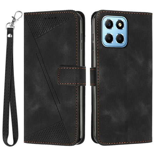For Honor X8 5G / X6 4G / Play6C 4G Cell Phone Case Leather Triangle Imprint Wallet Stand Cover with Strap - Black