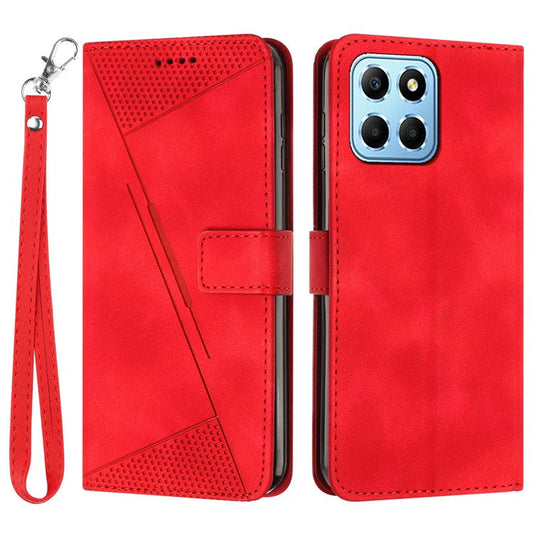 For Honor X8 5G / X6 4G / Play6C 4G Cell Phone Case Leather Triangle Imprint Wallet Stand Cover with Strap - Red