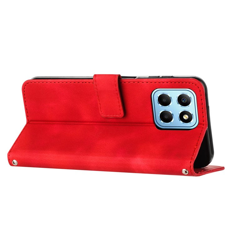 For Honor X8 5G / X6 4G / Play6C 4G Cell Phone Case Leather Triangle Imprint Wallet Stand Cover with Strap - Red