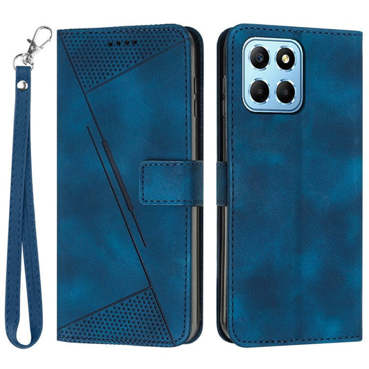 For Honor X8 5G / X6 4G / Play6C 4G Cell Phone Case Leather Triangle Imprint Wallet Stand Cover with Strap - Sapphire