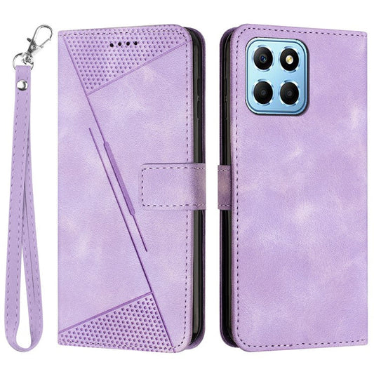 For Honor X8 5G / X6 4G / Play6C 4G Cell Phone Case Leather Triangle Imprint Wallet Stand Cover with Strap - Purple
