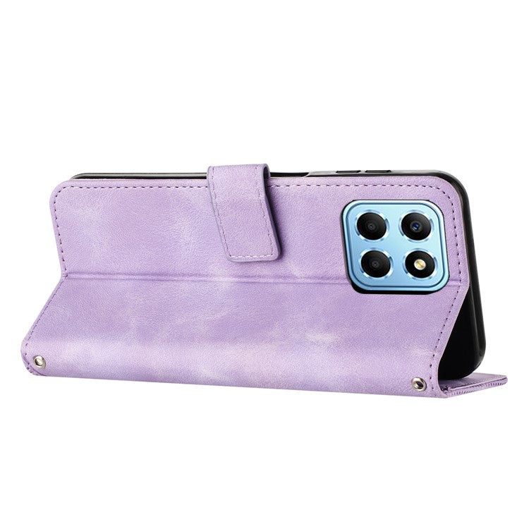 For Honor X8 5G / X6 4G / Play6C 4G Cell Phone Case Leather Triangle Imprint Wallet Stand Cover with Strap - Purple
