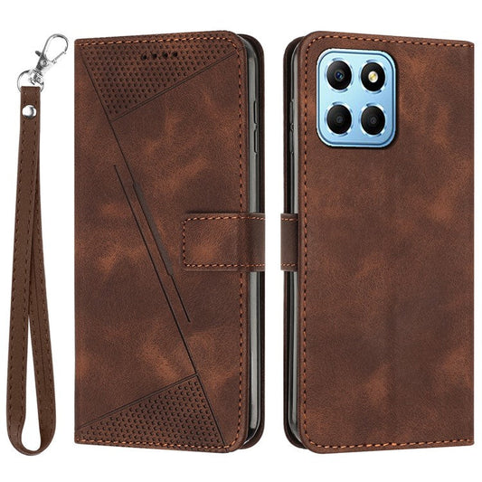 For Honor X8 5G / X6 4G / Play6C 4G Cell Phone Case Leather Triangle Imprint Wallet Stand Cover with Strap - Brown