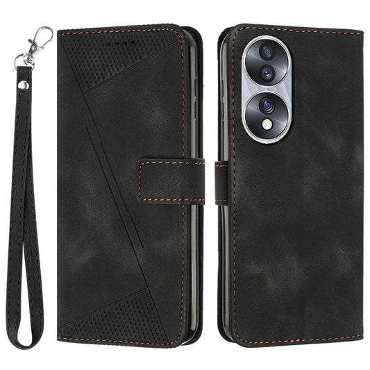 Protective Shell for Honor 70 5G Triangle Imprint Leather Stand Wallet Mobile Phone Cover with Strap - Black