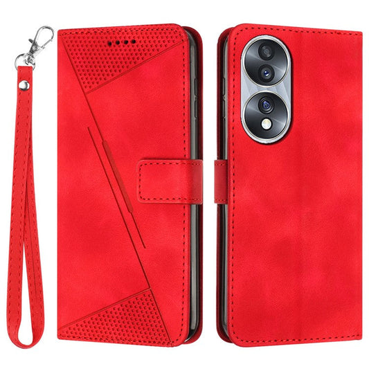 Protective Shell for Honor 70 5G Triangle Imprint Leather Stand Wallet Mobile Phone Cover with Strap - Red