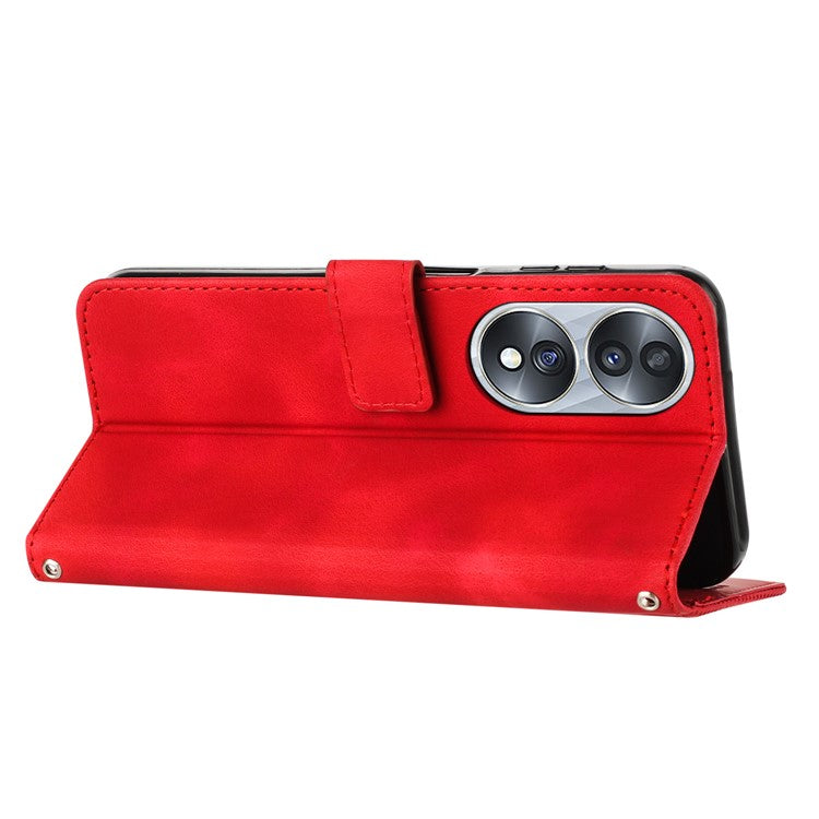 Protective Shell for Honor 70 5G Triangle Imprint Leather Stand Wallet Mobile Phone Cover with Strap - Red
