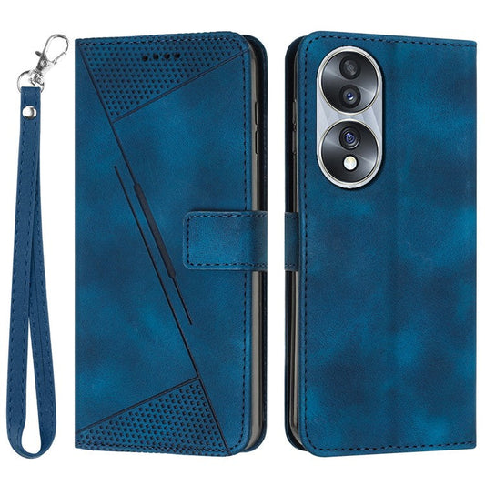 Protective Shell for Honor 70 5G Triangle Imprint Leather Stand Wallet Mobile Phone Cover with Strap - Sapphire