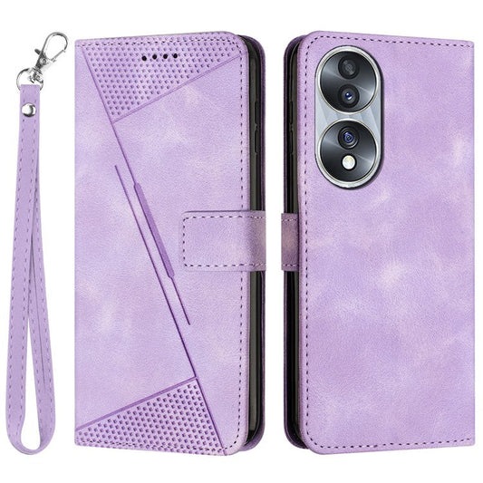 Protective Shell for Honor 70 5G Triangle Imprint Leather Stand Wallet Mobile Phone Cover with Strap - Purple