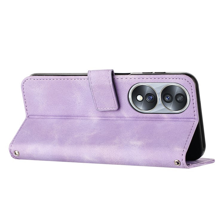 Protective Shell for Honor 70 5G Triangle Imprint Leather Stand Wallet Mobile Phone Cover with Strap - Purple