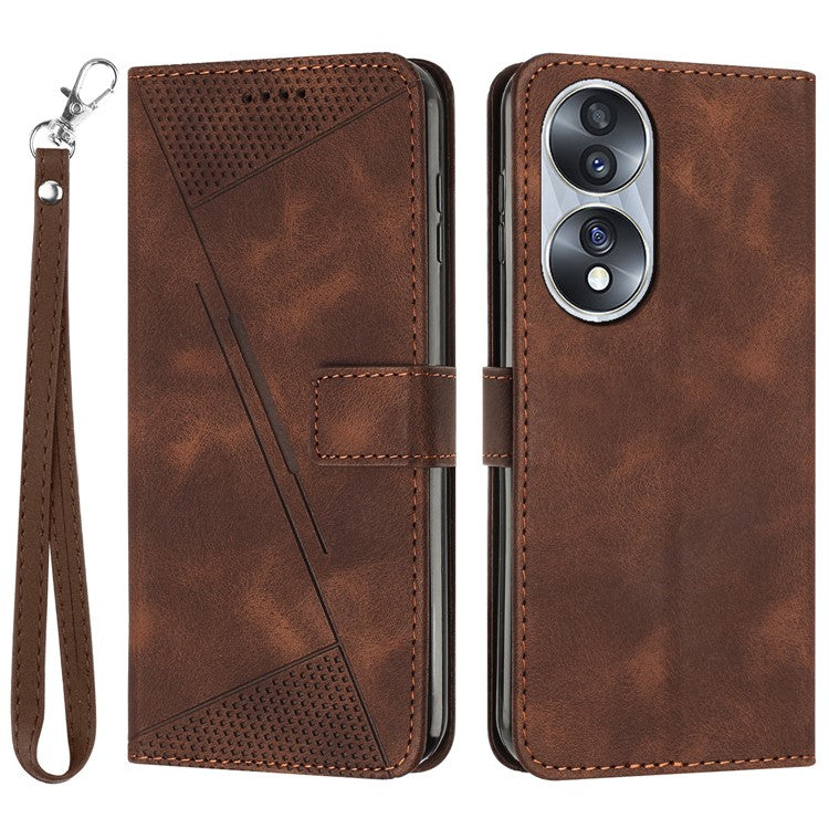 Protective Shell for Honor 70 5G Triangle Imprint Leather Stand Wallet Mobile Phone Cover with Strap - Brown