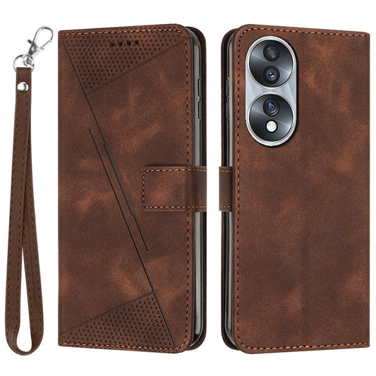 Protective Shell for Honor 70 5G Triangle Imprint Leather Stand Wallet Mobile Phone Cover with Strap - Brown