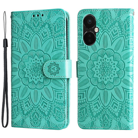 For OnePlus Nord CE3 5G / Oppo K11 5G Shockproof Wallet Stand Phone Cover Sunflower Imprint Leather Case - Green