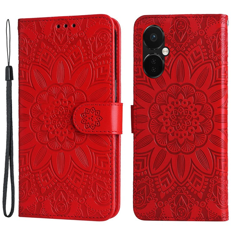 For OnePlus Nord CE3 5G / Oppo K11 5G Shockproof Wallet Stand Phone Cover Sunflower Imprint Leather Case - Red