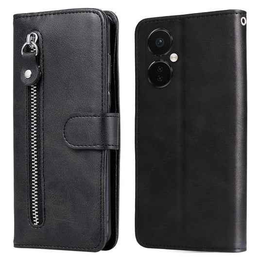 For OnePlus Nord CE3 5G / Oppo K11 5G Zipper Pocket Wallet Stand Phone Case Calf Texture Leather Cover - Black