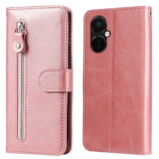 For OnePlus Nord CE3 5G / Oppo K11 5G Zipper Pocket Wallet Stand Phone Case Calf Texture Leather Cover - Pink
