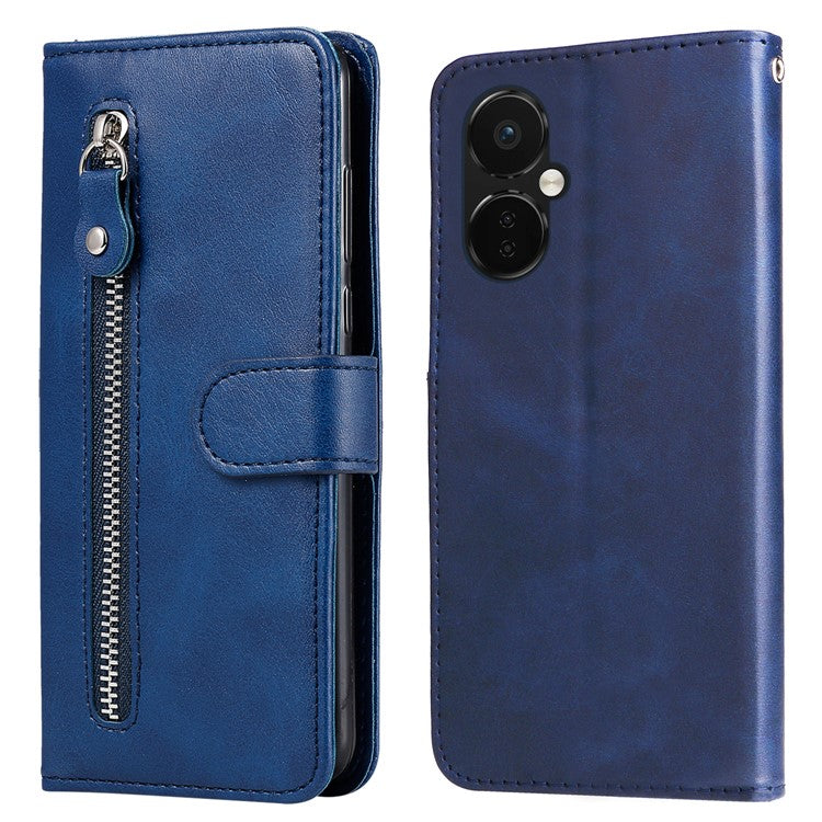 For OnePlus Nord CE3 5G / Oppo K11 5G Zipper Pocket Wallet Stand Phone Case Calf Texture Leather Cover - Blue