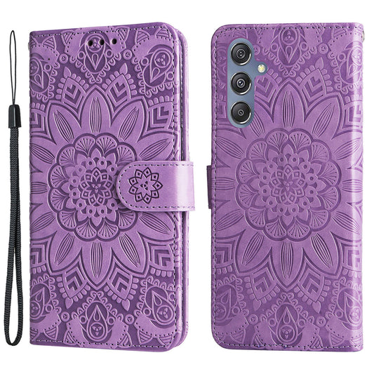 For Samsung Galaxy F34 5G / M34 5G Anti-Scratch Phone Cover Sunflower Imprint PU Leather Wallet Stand Case - Purple