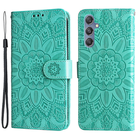 For Samsung Galaxy F34 5G / M34 5G Anti-Scratch Phone Cover Sunflower Imprint PU Leather Wallet Stand Case - Green