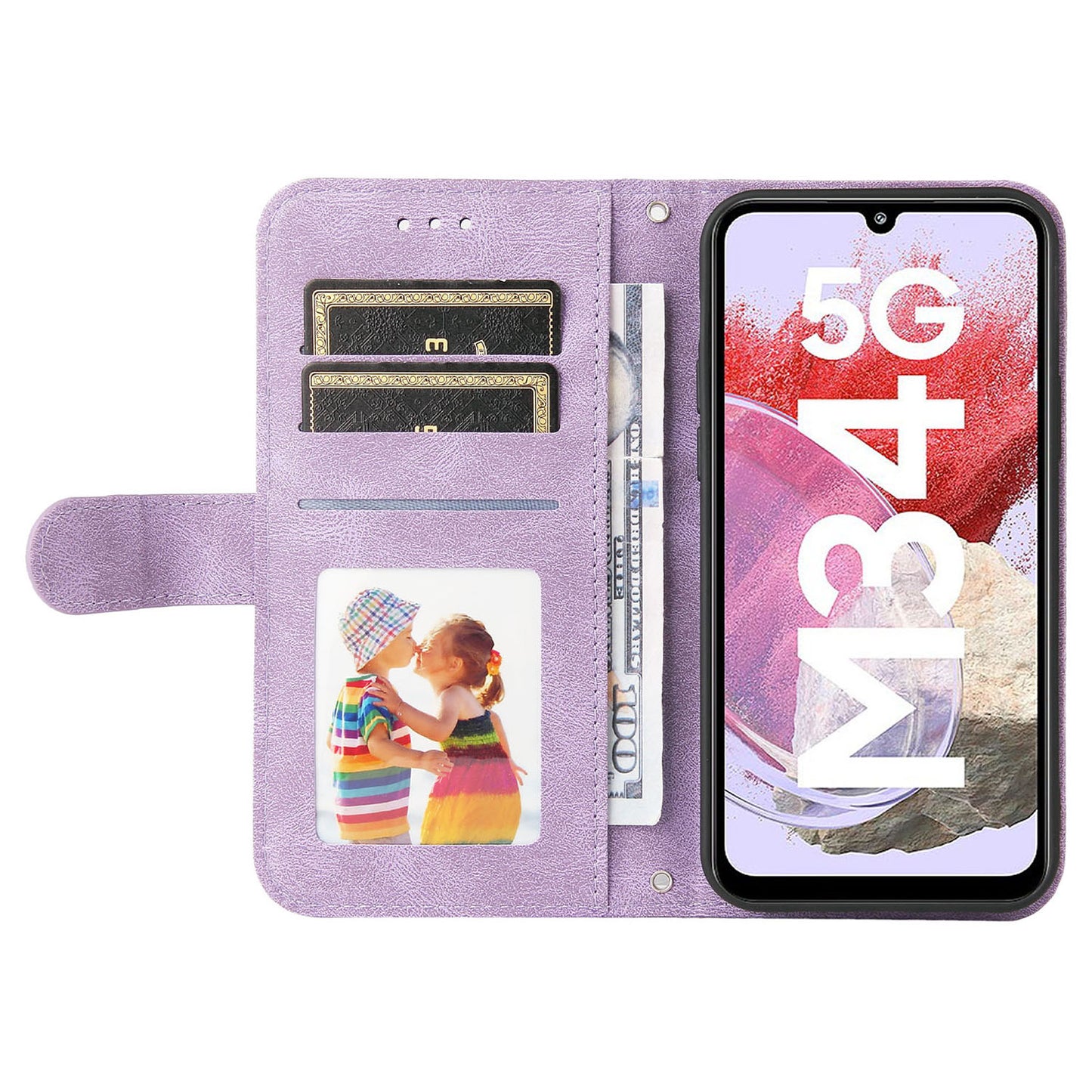 For Samsung Galaxy F34 5G / M34 5G Imprinted Lines Stand Wallet Cover Anti-drop PU Leather Phone Case - Purple