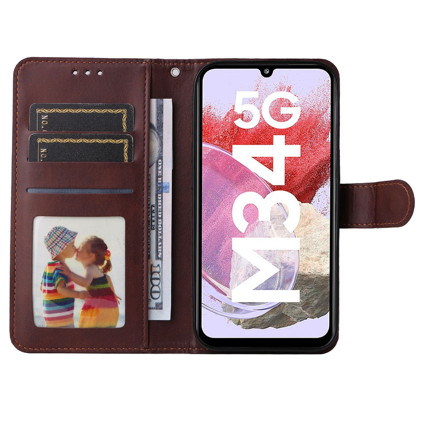For Samsung Galaxy F34 5G / M34 5G Shockproof Phone Shell Calf Texture PU Leather Wallet Stand Cover - Brown