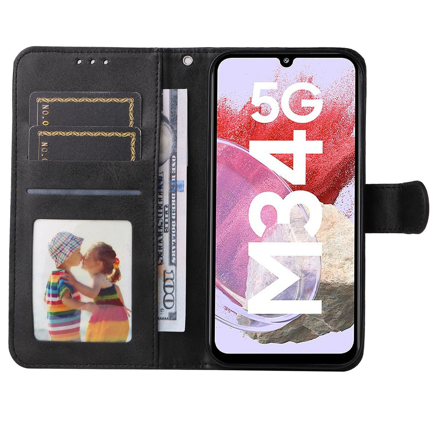 For Samsung Galaxy F34 5G / M34 5G Shockproof Phone Shell Calf Texture PU Leather Wallet Stand Cover - Black