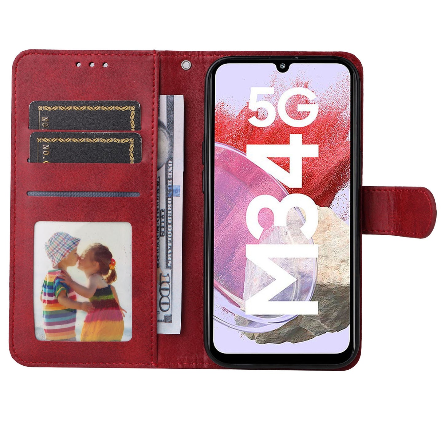 For Samsung Galaxy F34 5G / M34 5G Shockproof Phone Shell Calf Texture PU Leather Wallet Stand Cover - Red