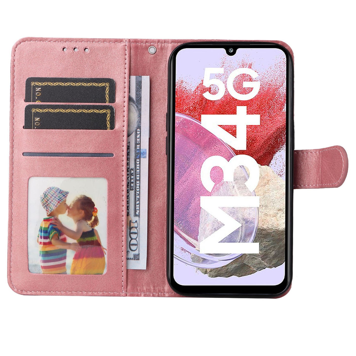 For Samsung Galaxy F34 5G / M34 5G Shockproof Phone Shell Calf Texture PU Leather Wallet Stand Cover - Pink