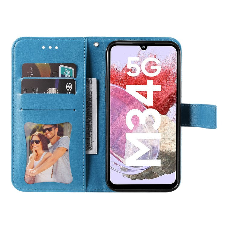 Stand Cover for Samsung Galaxy F34 5G / M34 5G Flower Imprint PU Leather Wallet Phone Case - Blue