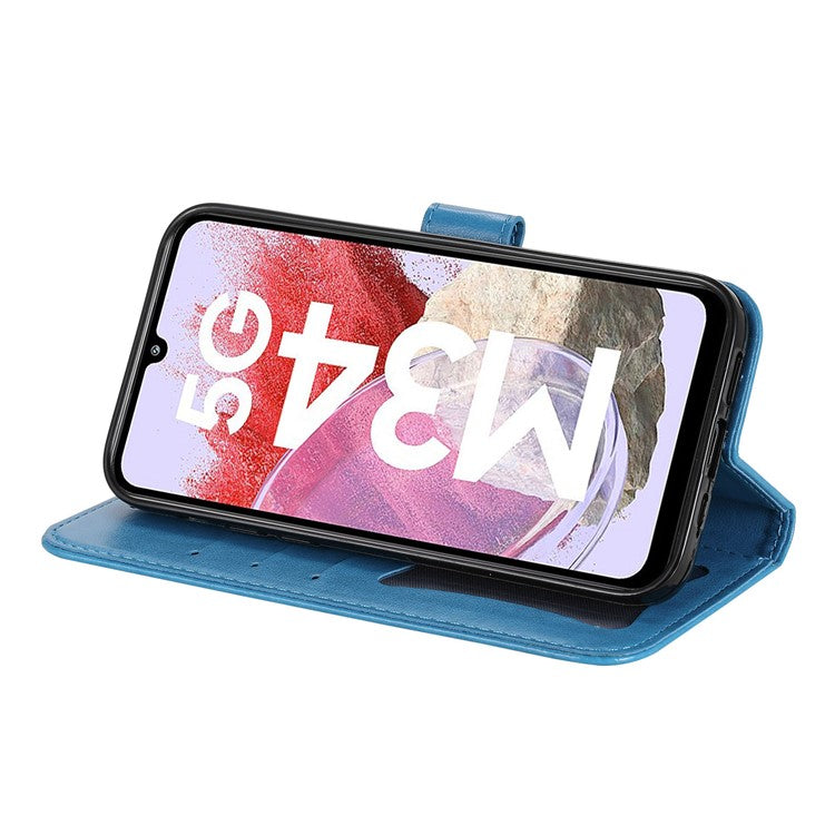 Stand Cover for Samsung Galaxy F34 5G / M34 5G Flower Imprint PU Leather Wallet Phone Case - Blue