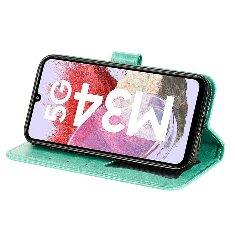 Stand Cover for Samsung Galaxy F34 5G / M34 5G Flower Imprint PU Leather Wallet Phone Case - Green