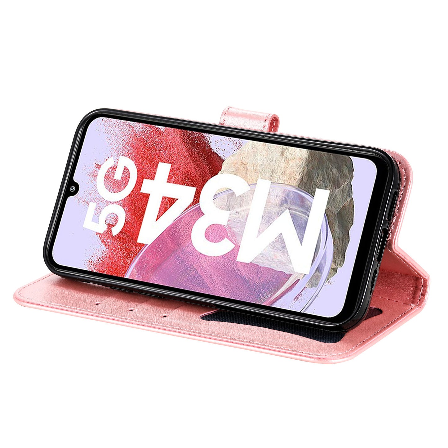 Drop Proof Stand Cover for Samsung Galaxy F34 5G / M34 5G Flower Imprint PU Leather Wallet Phone Case - Pink