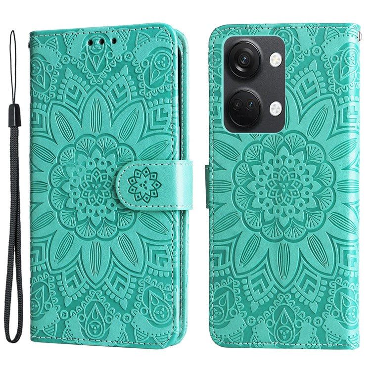 For OnePlus Nord 3 5G / Ace 2V Sunflower Imprinted PU Leather Cover Anti-drop Wallet Stand Phone Case - Green