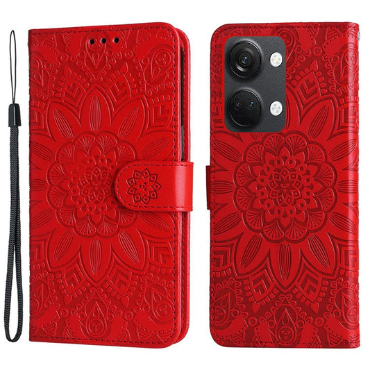For OnePlus Nord 3 5G / Ace 2V Sunflower Imprinted PU Leather Cover Anti-drop Wallet Stand Phone Case - Red