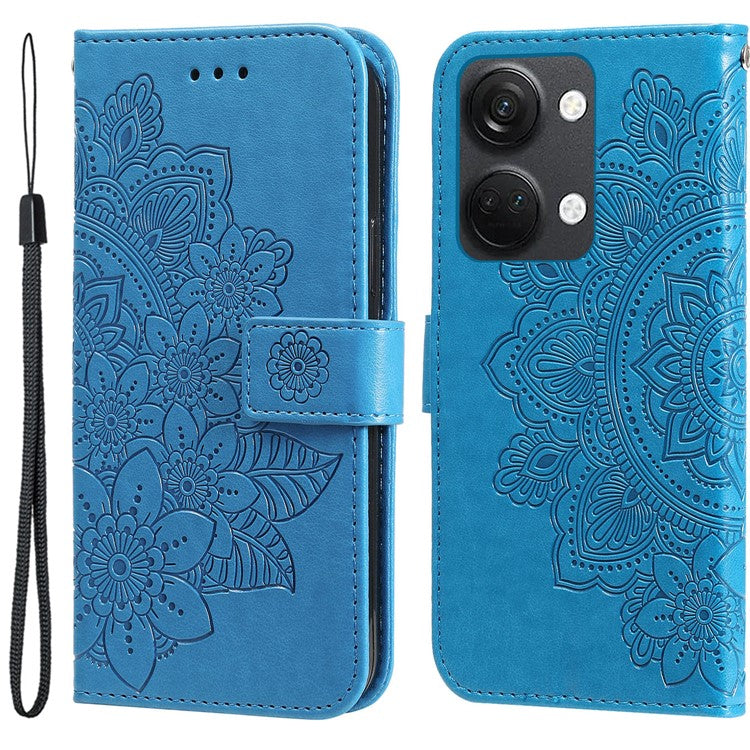 Foldable Stand Cover for OnePlus Nord 3 5G / Ace 2V Flower Imprint PU Leather Wallet Phone Case - Blue