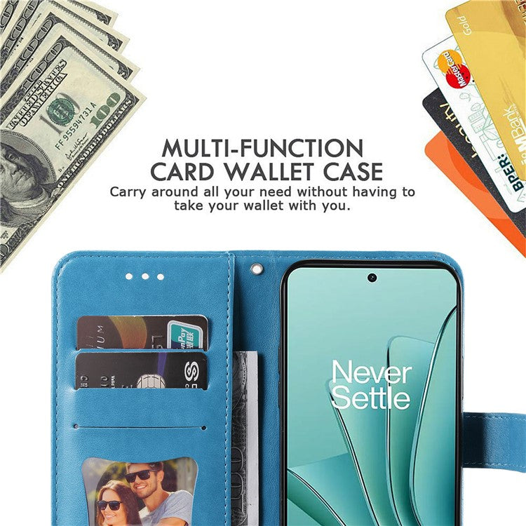 Foldable Stand Cover for OnePlus Nord 3 5G / Ace 2V Flower Imprint PU Leather Wallet Phone Case - Blue